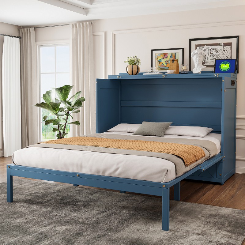 Queen Size Murphy Wall Bed Space Saving Cabinet with Drawer USB Sockets Navy Blu