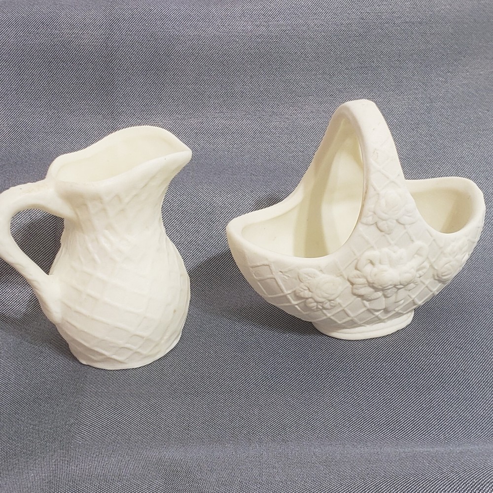 Picnic Basket and Pitcher Miniature Chalkware Weave Pattern