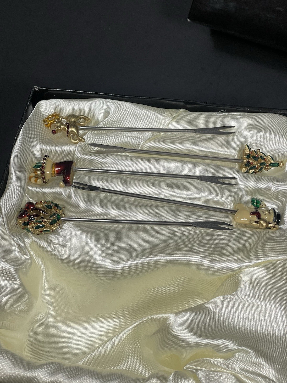 Bejeweled Bombay Christmas Sleigh w Cocktail Picks Forks Enameled In Box