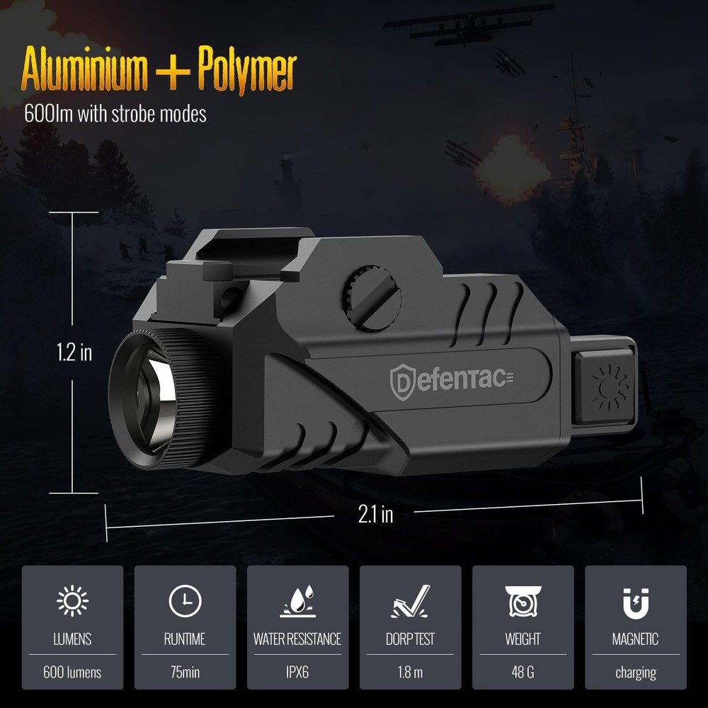DEFENTAC Pistol Light with Strobe Function for 600 Lumens, 600lm White LED