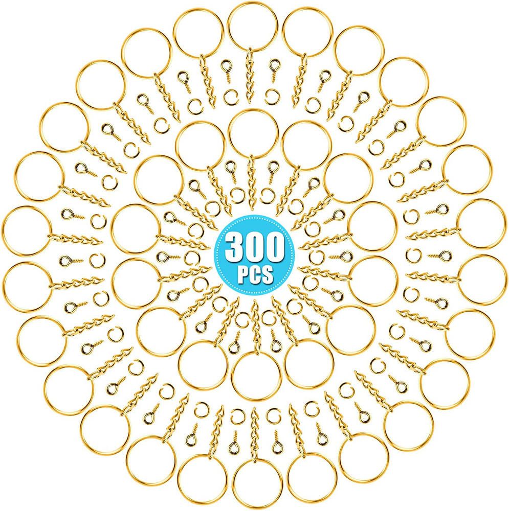 Keychain Rings Kit for Crafts Gold, Includes 100Pcs Split Key Ring with Chain,