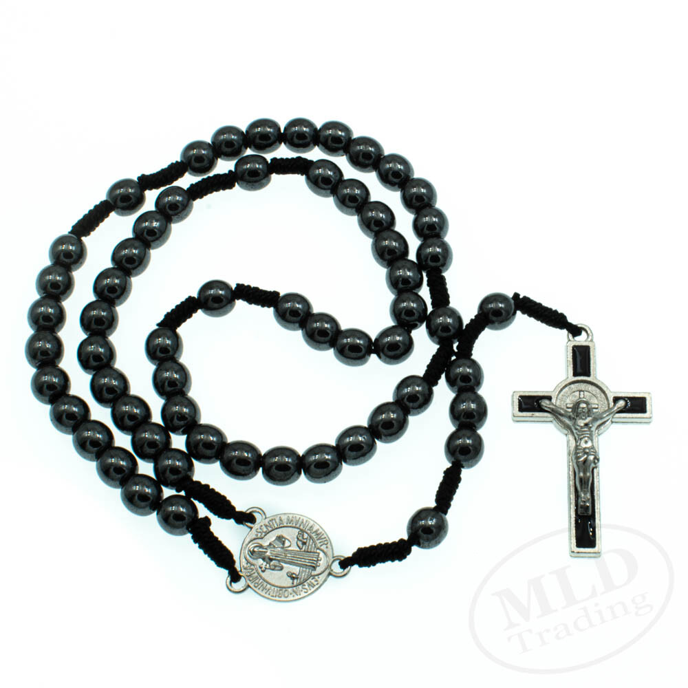 Saint St Benedict Medal Cord Rosary Black Hematite Beads Rosario San Benito 12"