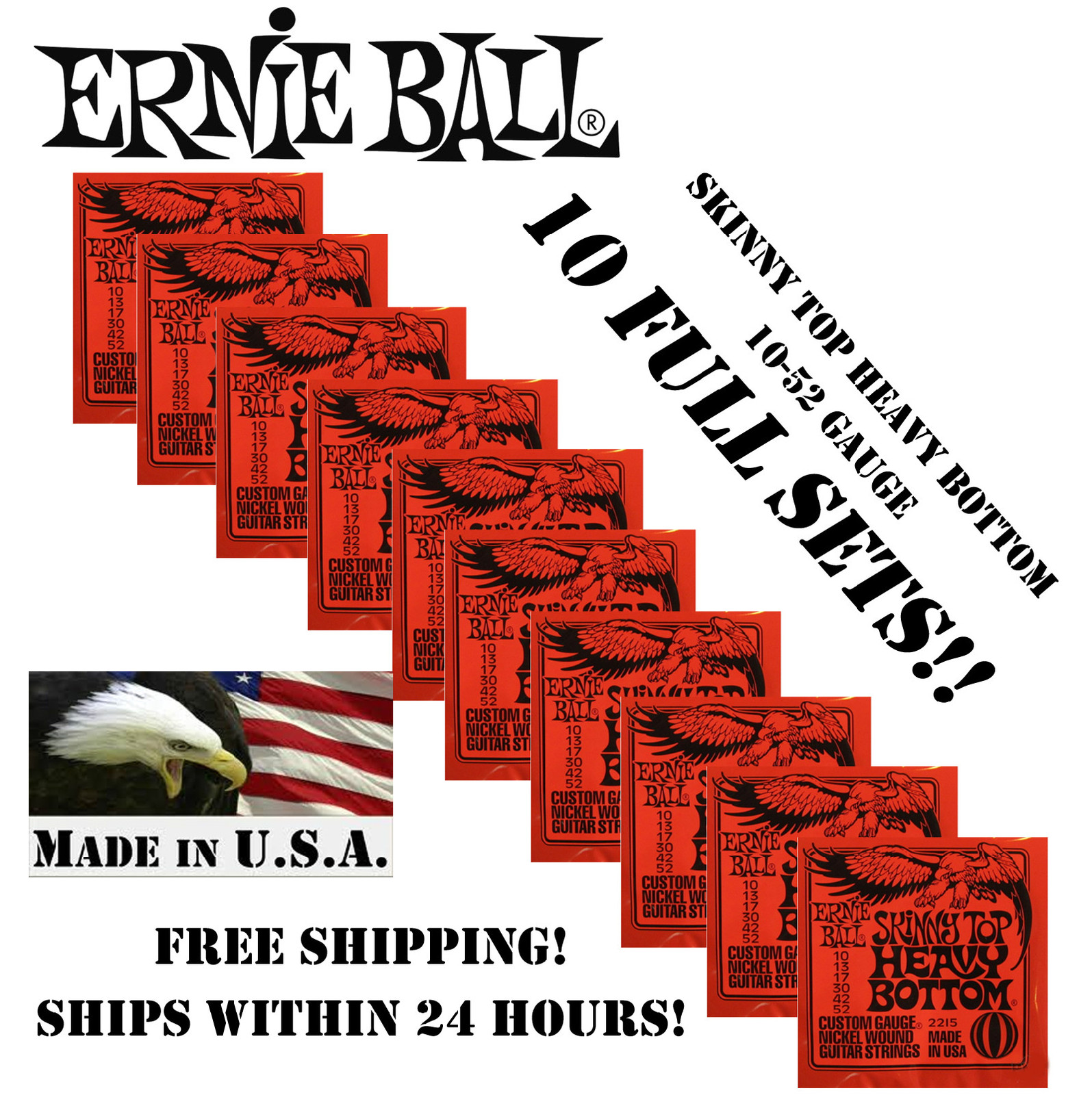 *10 PACK ERNIE BALL SKINNY TOP HEAVY BOTTOM ELECTRIC GUITAR STRINGS 2215(10-52)*
