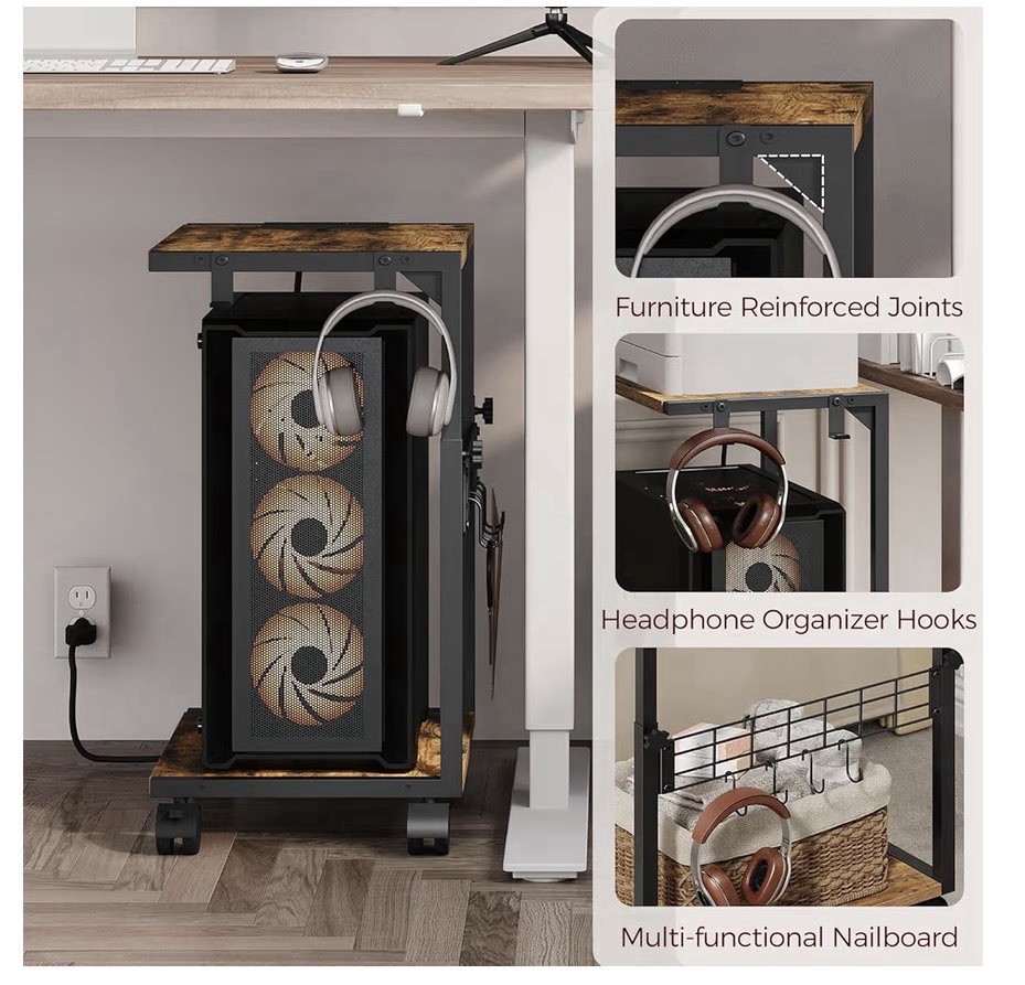 Height Adjustable Computer Tower Stand with USB Charging Port & Locking Wheels -