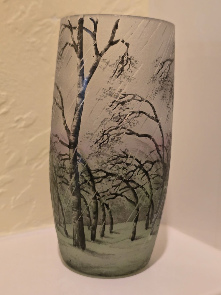 Daum Nancy "Rain Landscape" Windswept Trees and Vertical Rain. Signed.