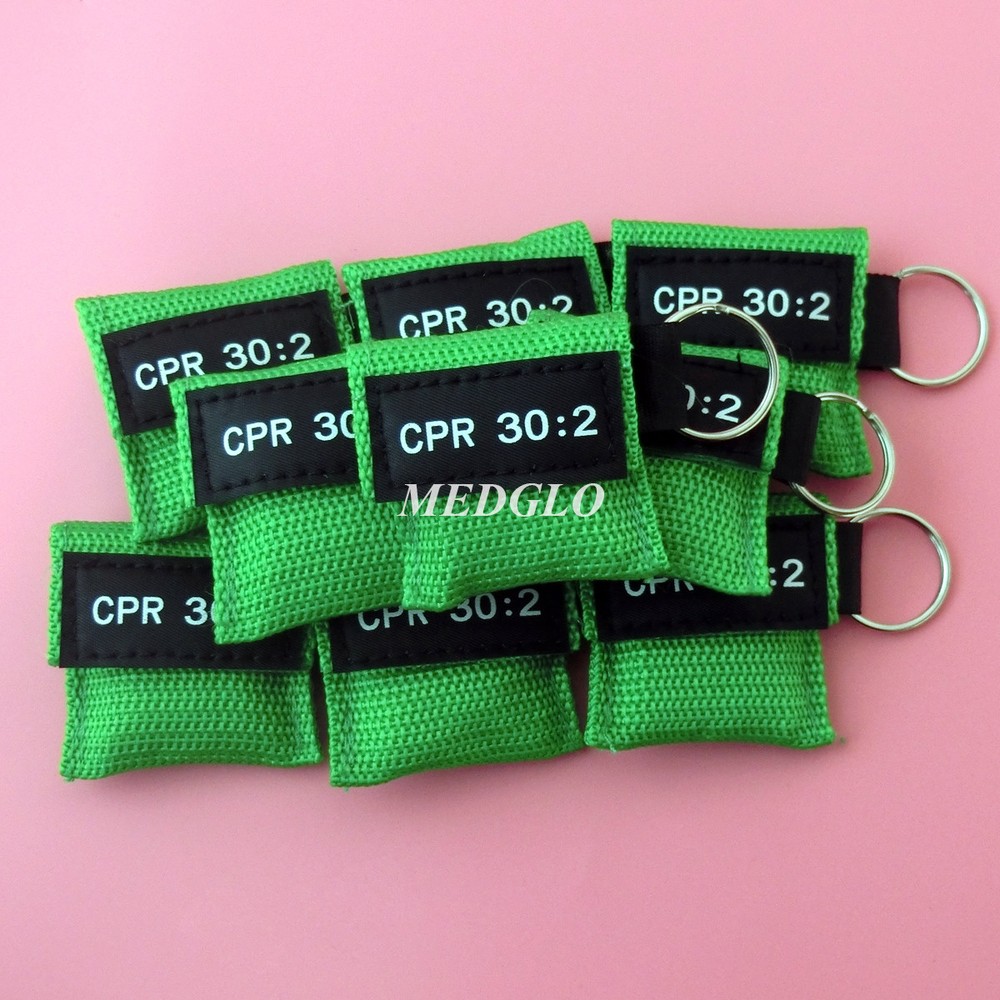 100 CPR MASK KEYCHAIN CPR FACE SHIELD AED GREEN WRITING CPR 30:2