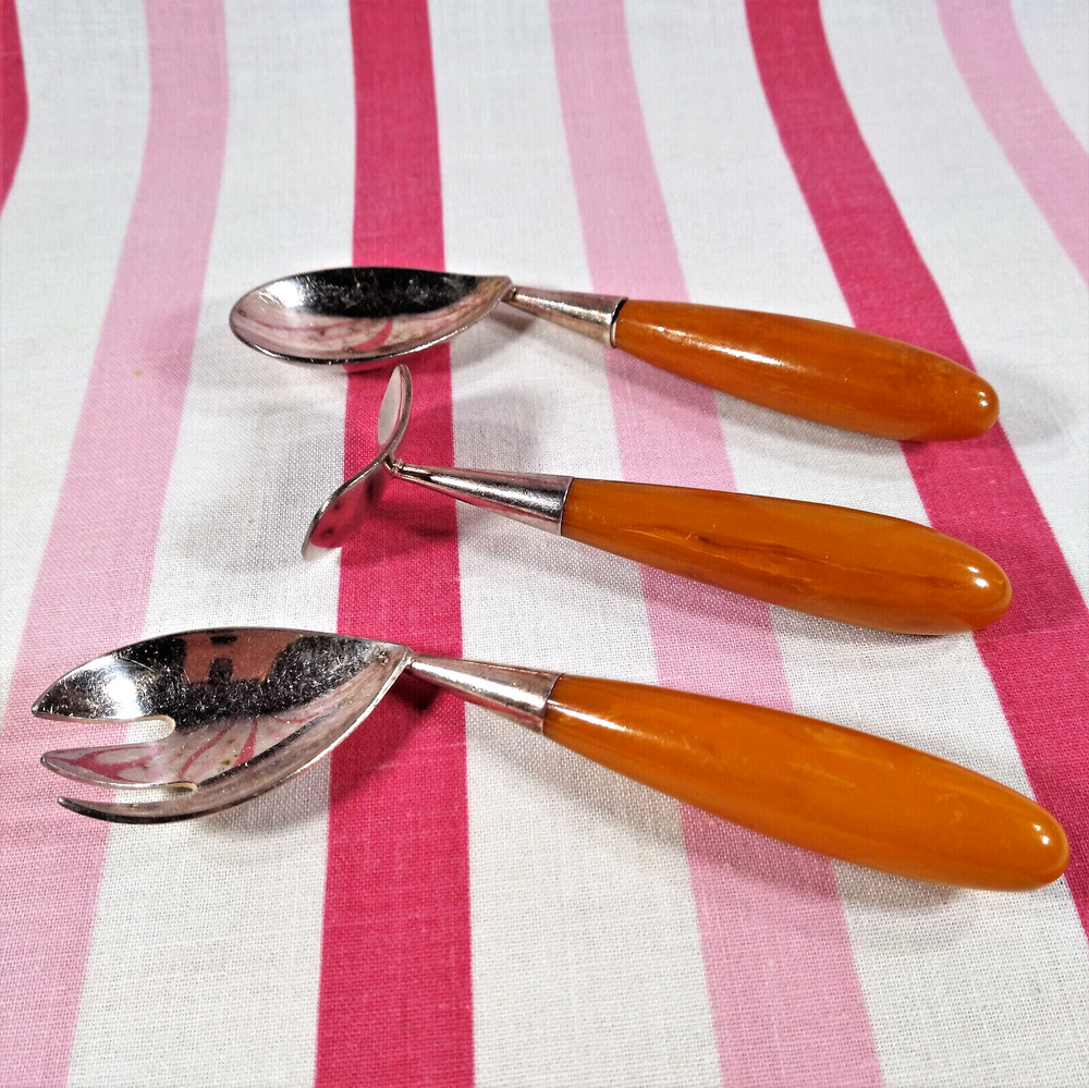 Gorgeous 1940s NAPIER Bakelite Child's Fork Spoon Pusher Set Training Silverware