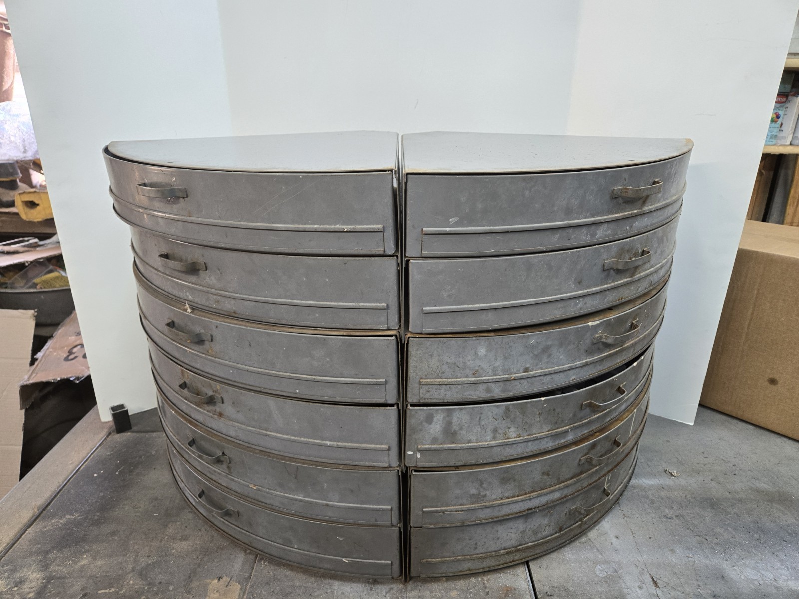 Vintage Industrial Metal Pie Shaped Corner Hardware Parts Bin 3 Drawer Cabinet