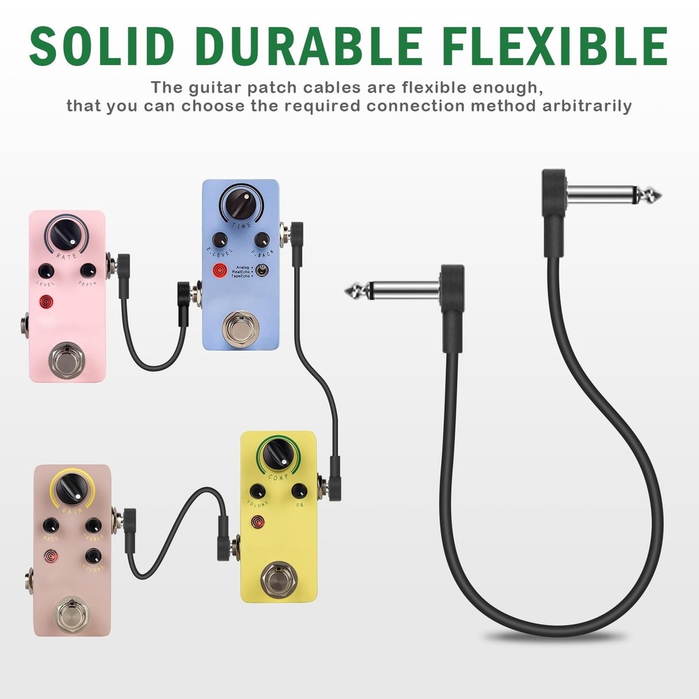 18 Inch Guitar Patch Cables, 1/4" TS Right Angle Effect Pedal Flat Cables Black