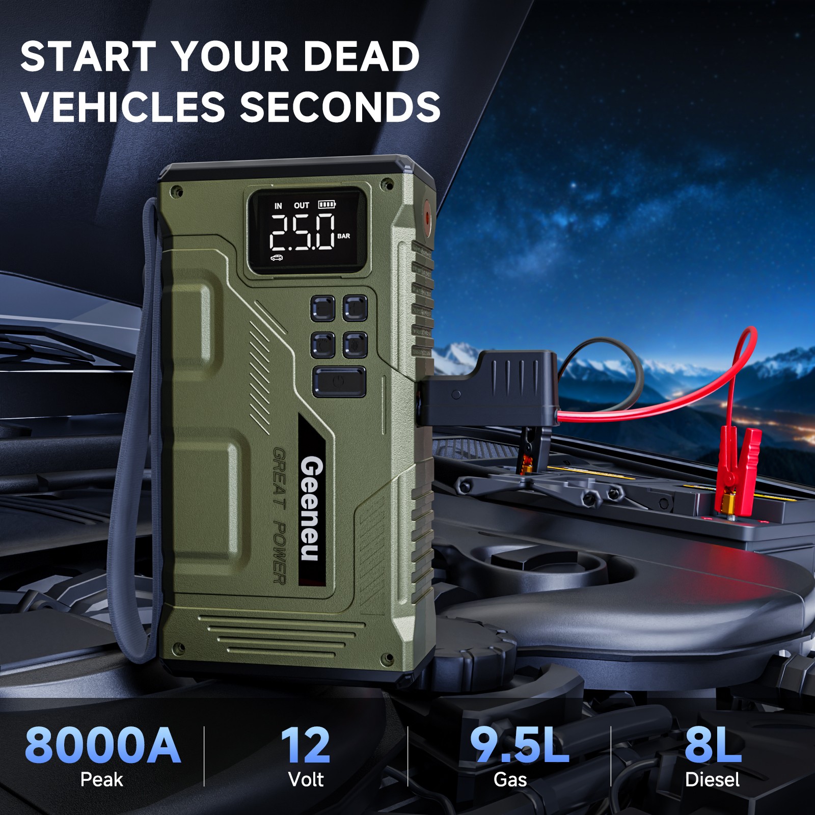 8000A Portable Car Jump Starter With Air Compressor Pack Booster 12V Power Bank