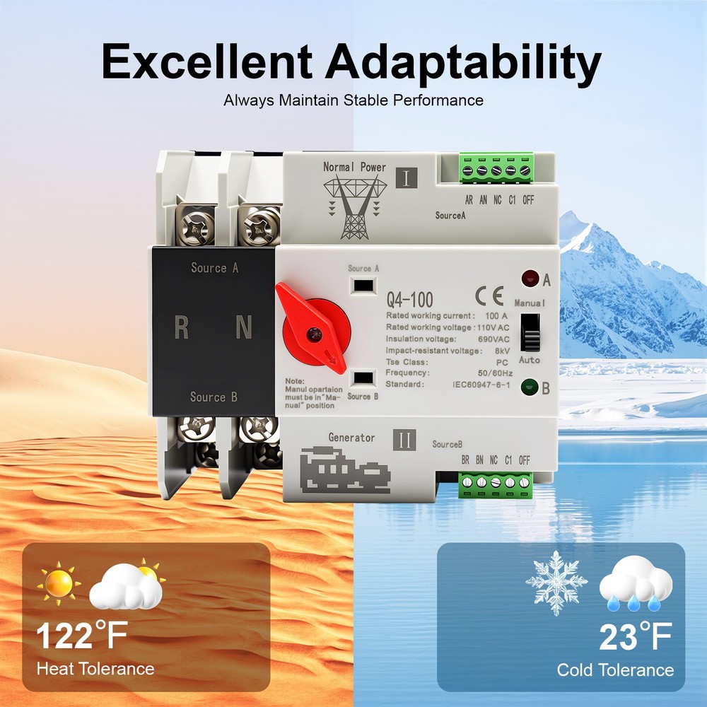 DIN Rail Mount Dual Power Transfer Switch, 2P 100 Amp Automatic Transfer Switch
