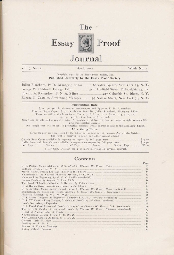 Essay Proof Journal, April 1952 Vol. 9 No. 2, US Postage stamp making 1871