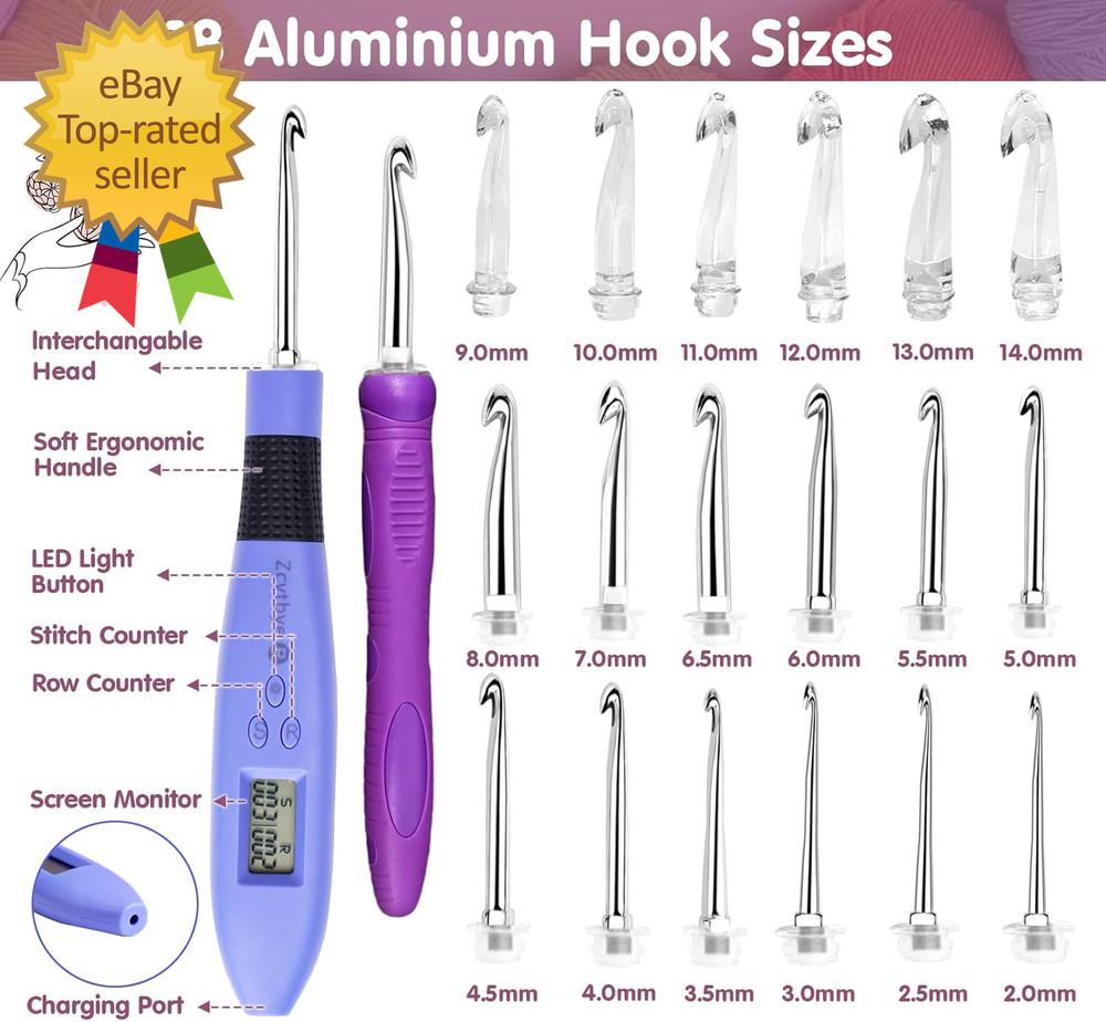 Crochet Hook with 18 Different Size for Stitch Row Counter Light Interchangeable