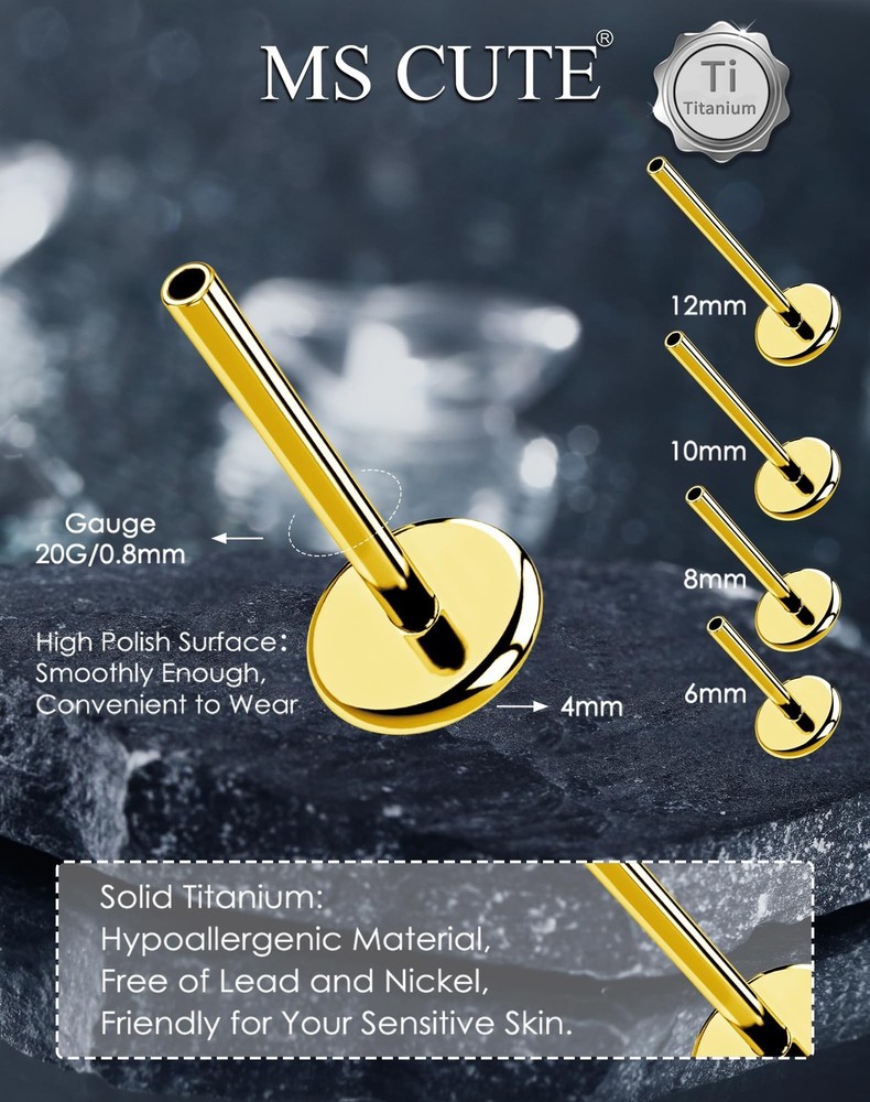 G23 Titanium Flat Back Post (Post Only), Threadless Push Pin & Internally Thr...