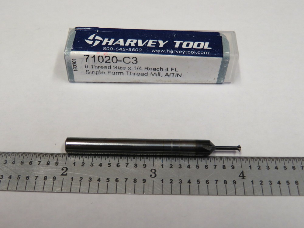 .098" x 60° 4 Flute Cabide Single Form Thread Mill, Thread Size 6, AlTiN Coated