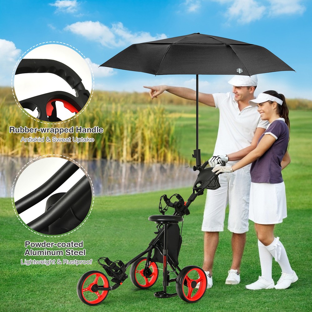 3-Wheel Foldable Golf Push Pull Cart Trolley w/ Seat Adjustable Handle Red