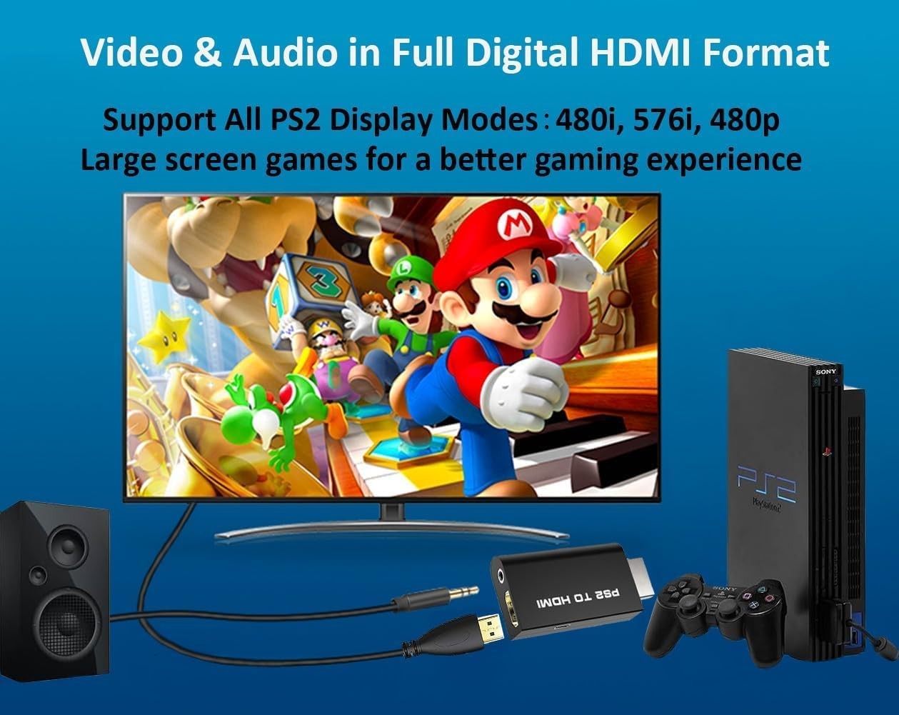 PS2 to HDMI Video Converter Adapter with 3.5mm Audio Output for HDTV Monitor Lot