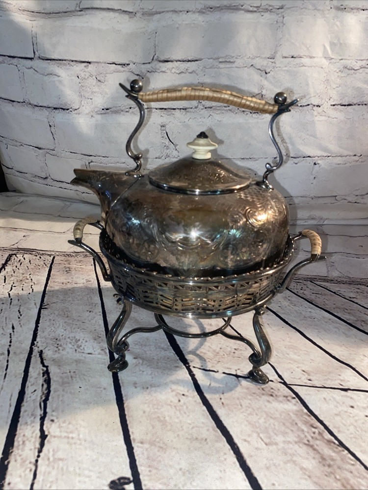 England Silver Plated Tea Kettle Pot With Warmer Base Antique