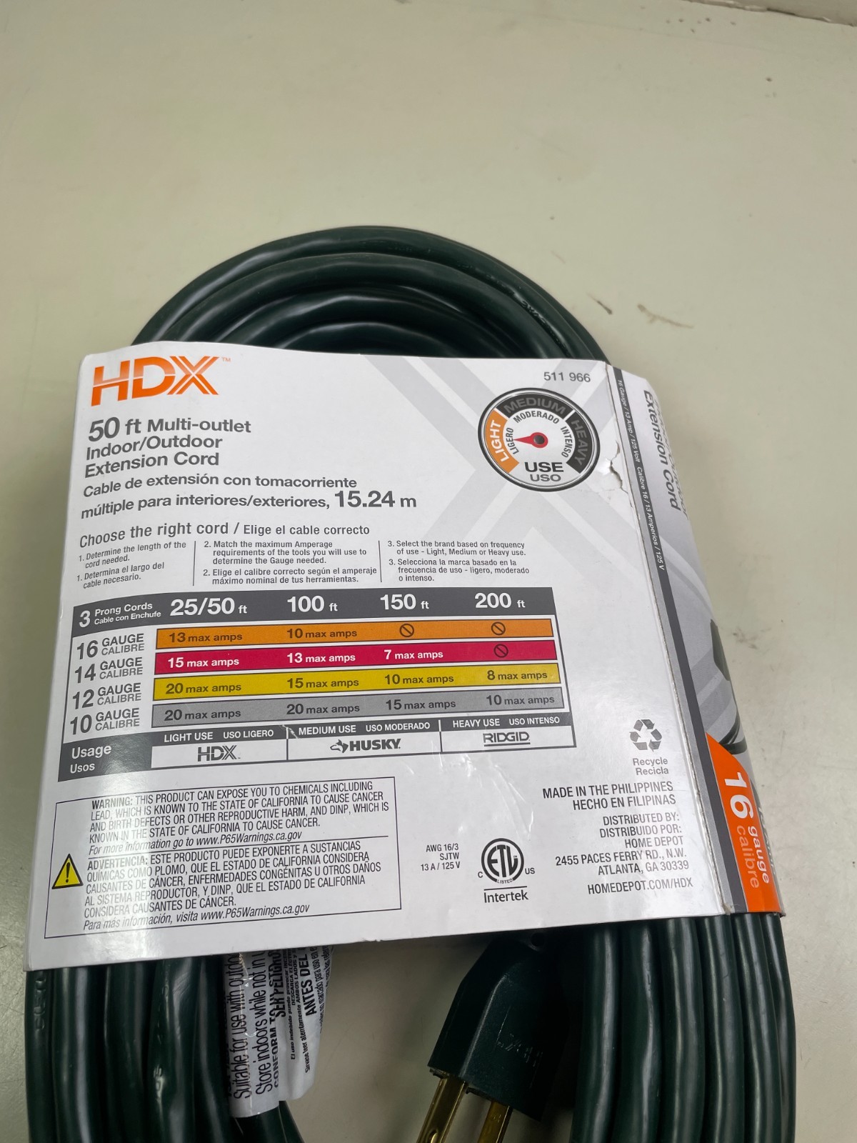 HDX 50 ft. 16/3 Indoor/Outdoor Extension Cord Triple Tap End, 3-Outlet Green