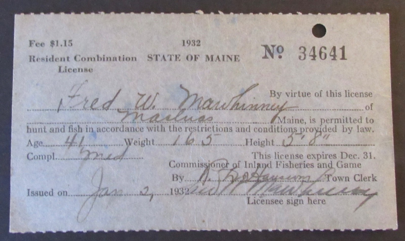 1932 Maine Hunting & Fishing License