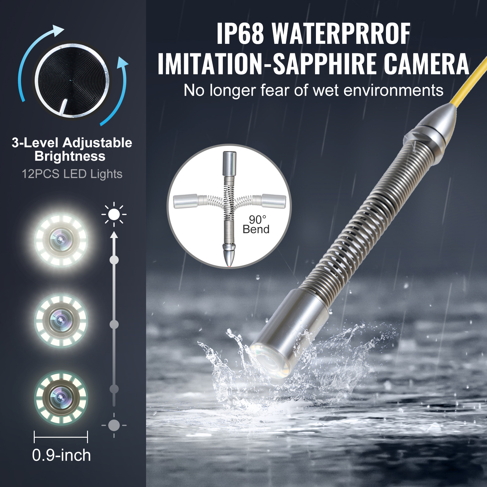 9" Sewer Camera 98 ft/30m Self-Leveling Drain Camera with 512Hz Transmitter