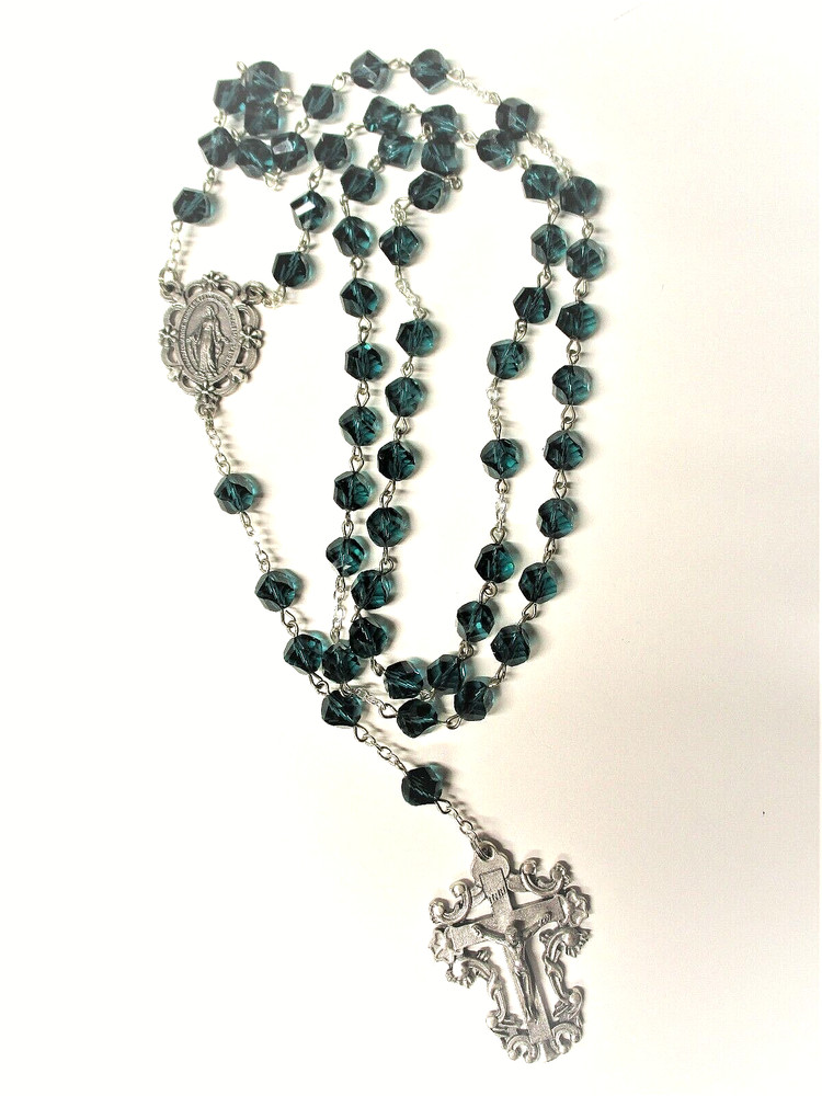 8 mm Crystal Teal Faceted Beads - Miraculous Medal Centerpiece - Rosary
