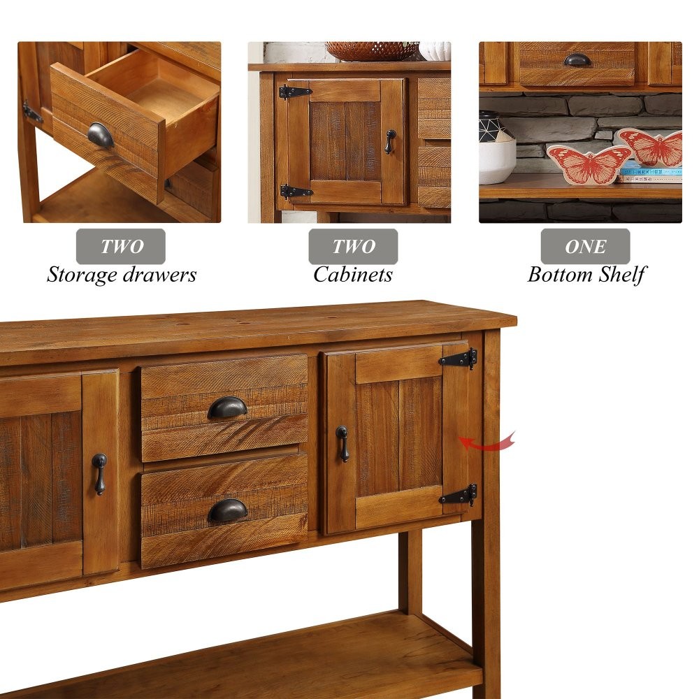 46" Solid Wood Sideboard, 2 Drawers & Cabinets with Bottom Shelf