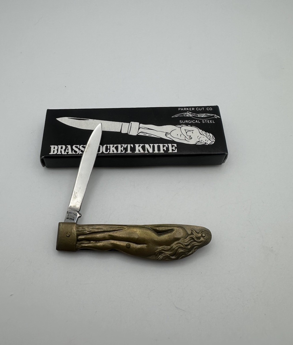 SMALL Vintage Parker Cut Co Pocket Knife Brass Nude Lady Figure JAPAN NOVELTY