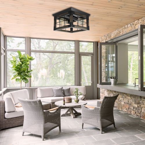 Rustic 2/4 Light Ceiling Fixture，Farmhouse Wood Flush Mount Ceiling Light Cage
