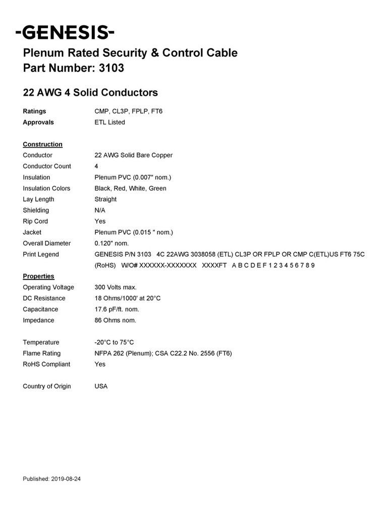 Honeywell Genesis 3103 22/4C Solid Security/Control Cable Plenum White /100ft
