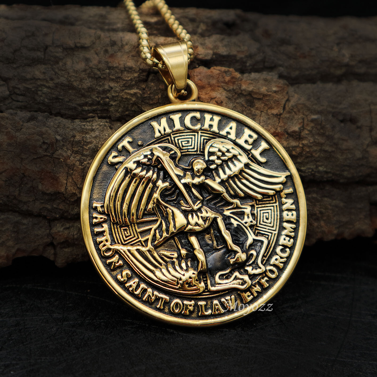 St Saint Michael Archangel Gold Angel Medal Pendant Necklace Stainless Steel
