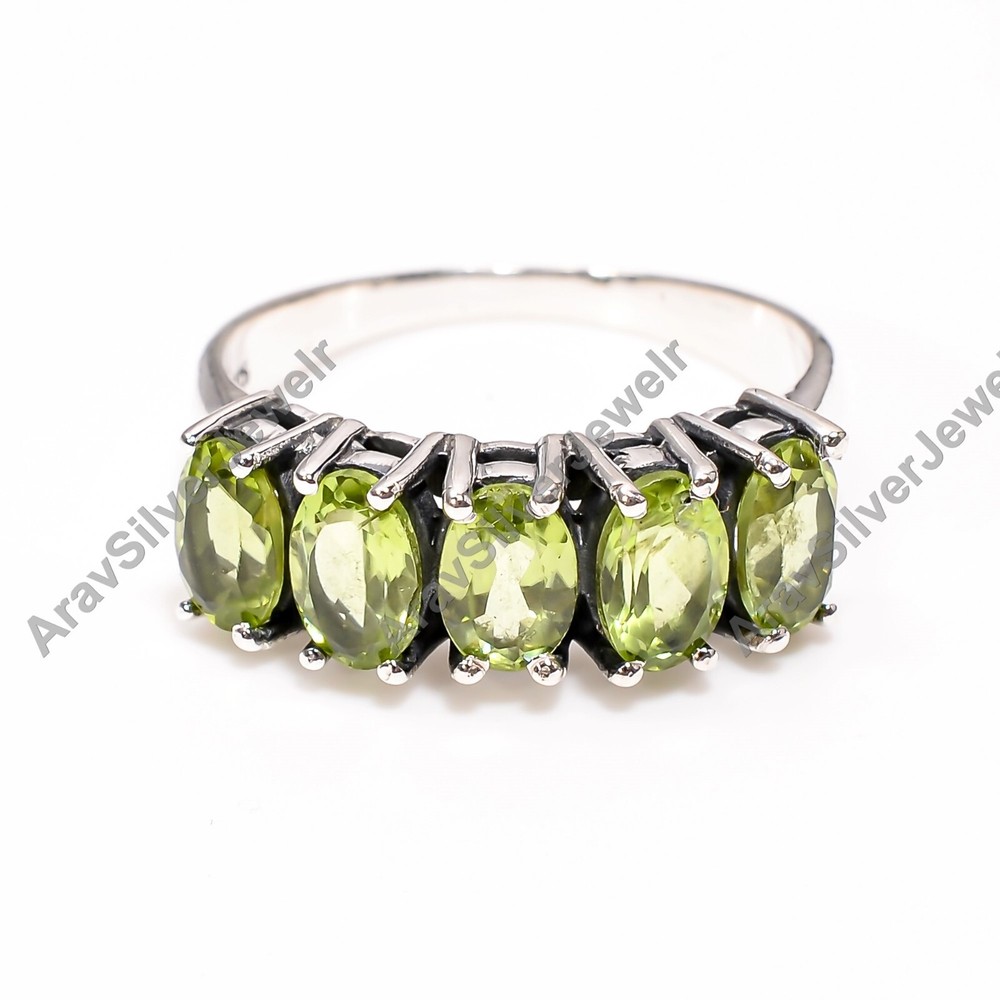 Five Green Peridot Cut Stone Ring 925 Sterling Silver Handmade Statement Ring