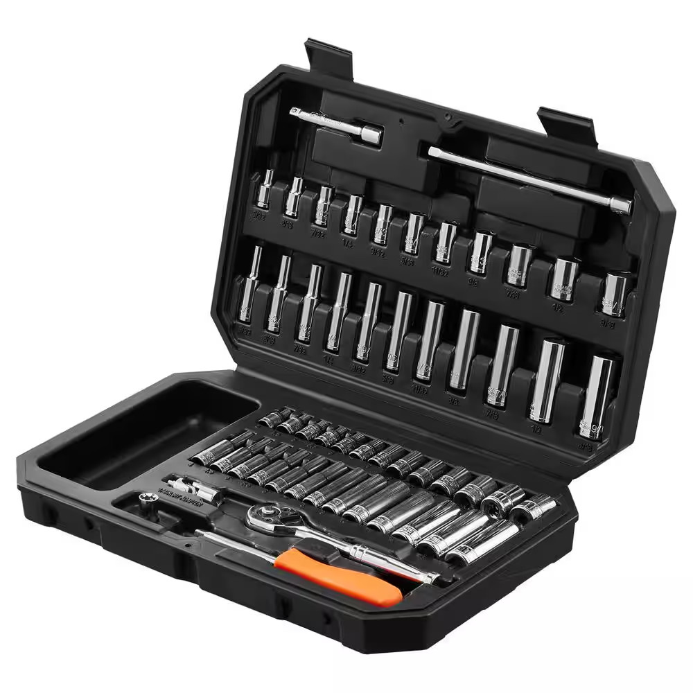 Socket Set, 1/4 In. Drive Socket and Ratchet Set, 6-Point Socket Opening, 54-Pie