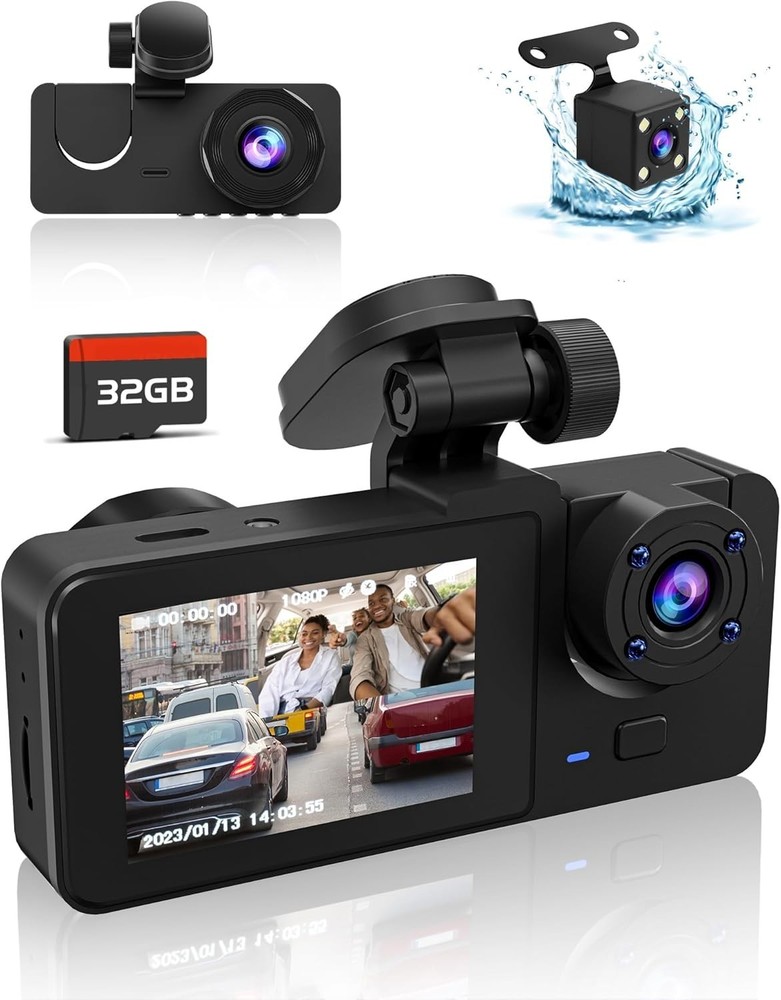 3-Channel Mini Dash Cam Front Rear Inside Bundle 32GB SD HDR Loop Parking Mode