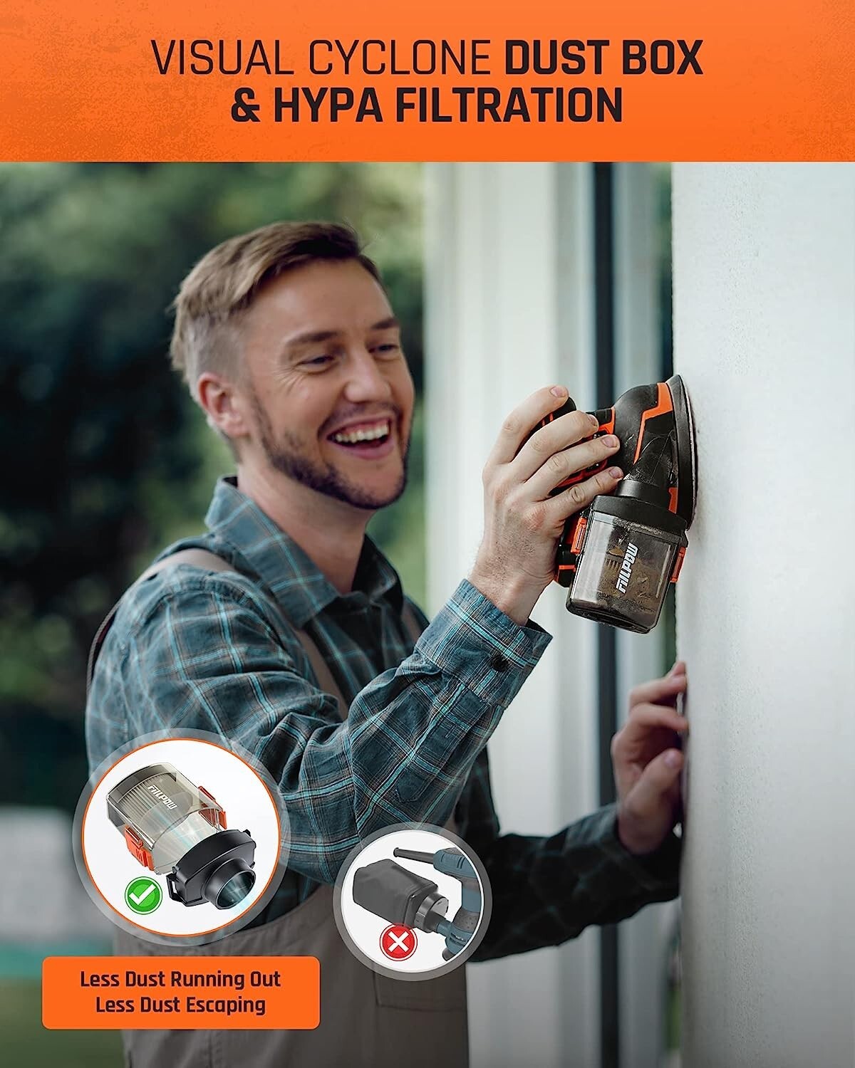 FIILPOW Cordless Random Orbital Sander, 20V Brushless Sander with Battery,