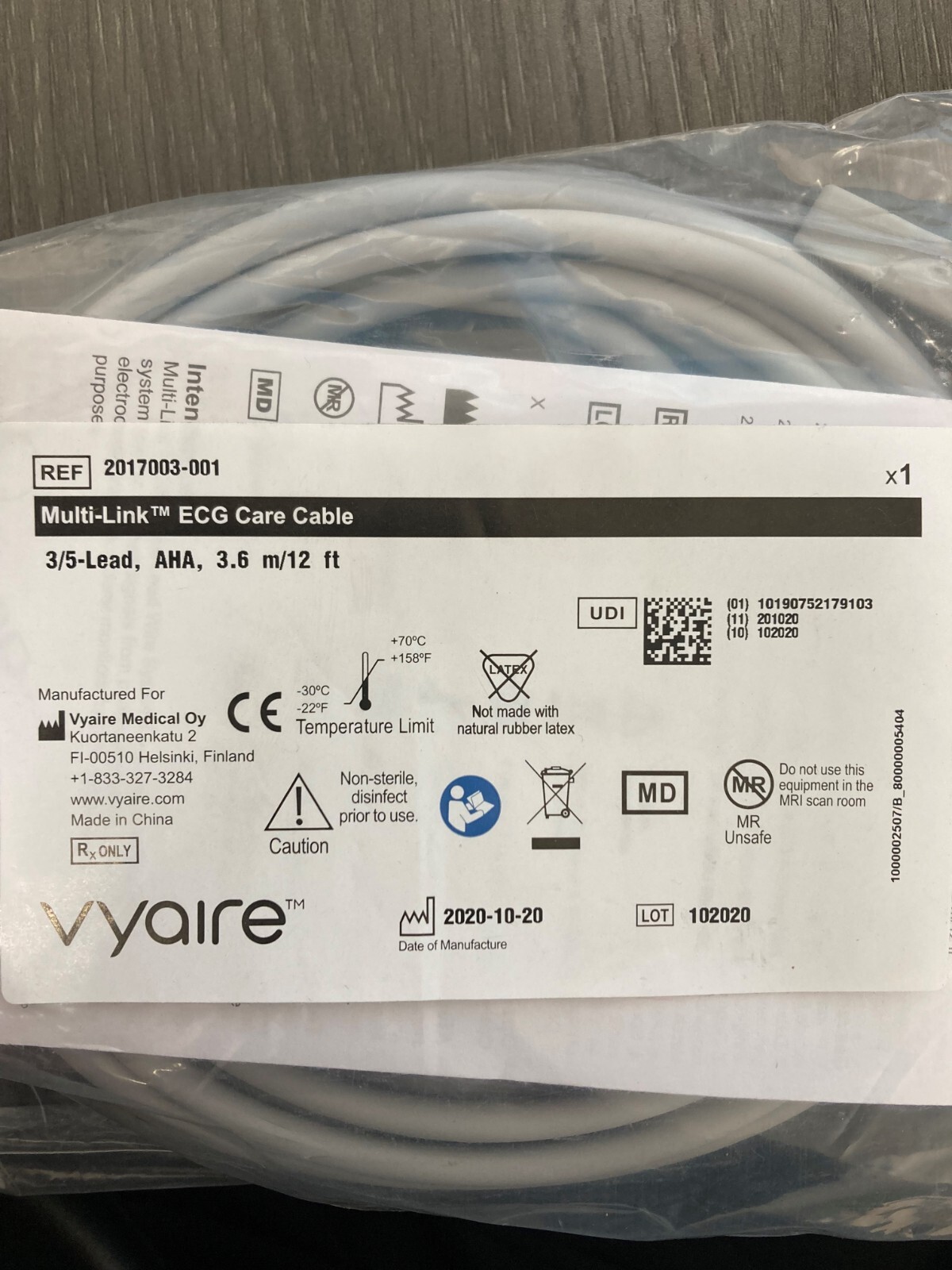 VYaire 2017006-001 Multi-Link ECG Care Cable 12-Lead AHA, 3.6 m/12 ft New in Bag