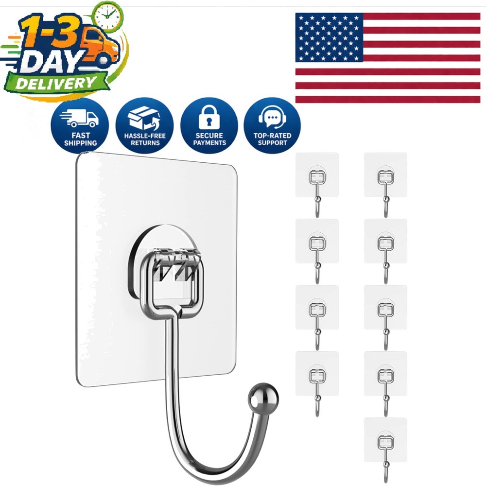 Versatile Waterproof Hooks - 10 Pack, Heavy Duty, Perfect for Kitchen & Bath