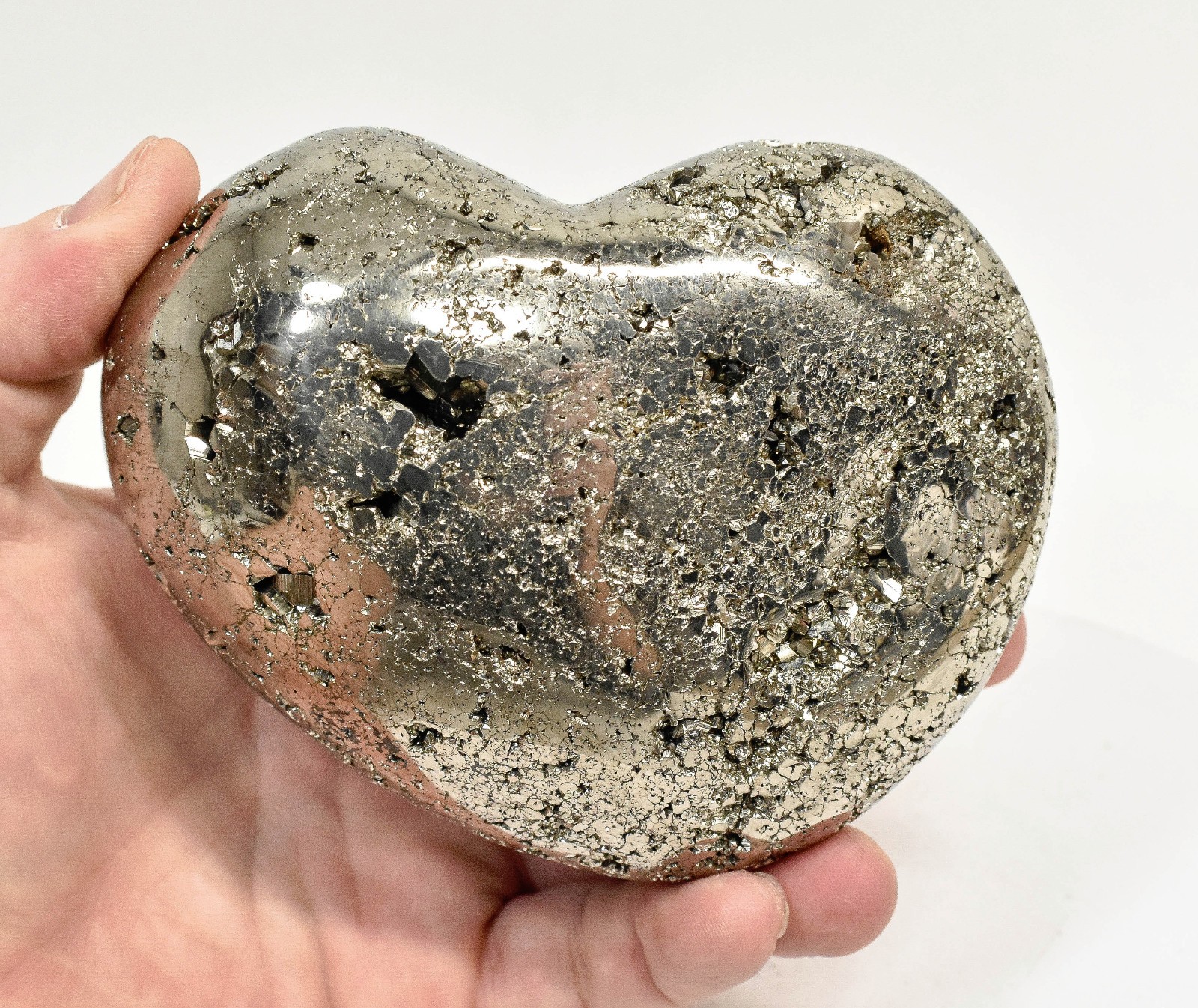 4.60" Polished PYRITE CRYSTAL HEART Carving Huanzala mine, Peru T708