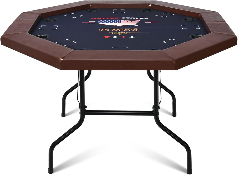 48" Poker Table Foldable, 8 Player Octagon Folding Portable Card Table with Padd