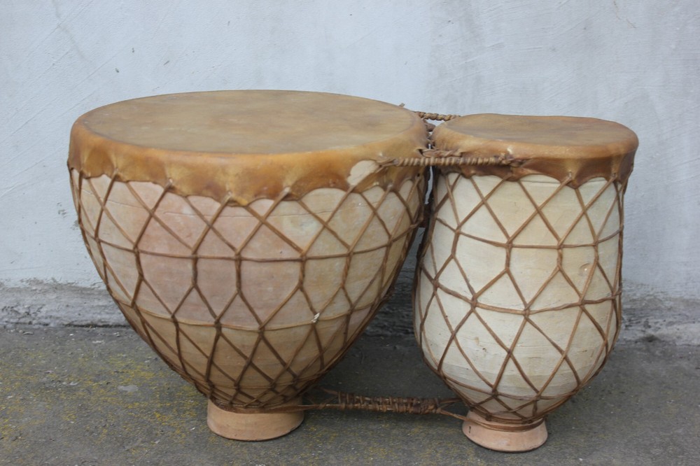 Rustic Clay Double Drum, Handcrafted Ethnic Percussion Instrument