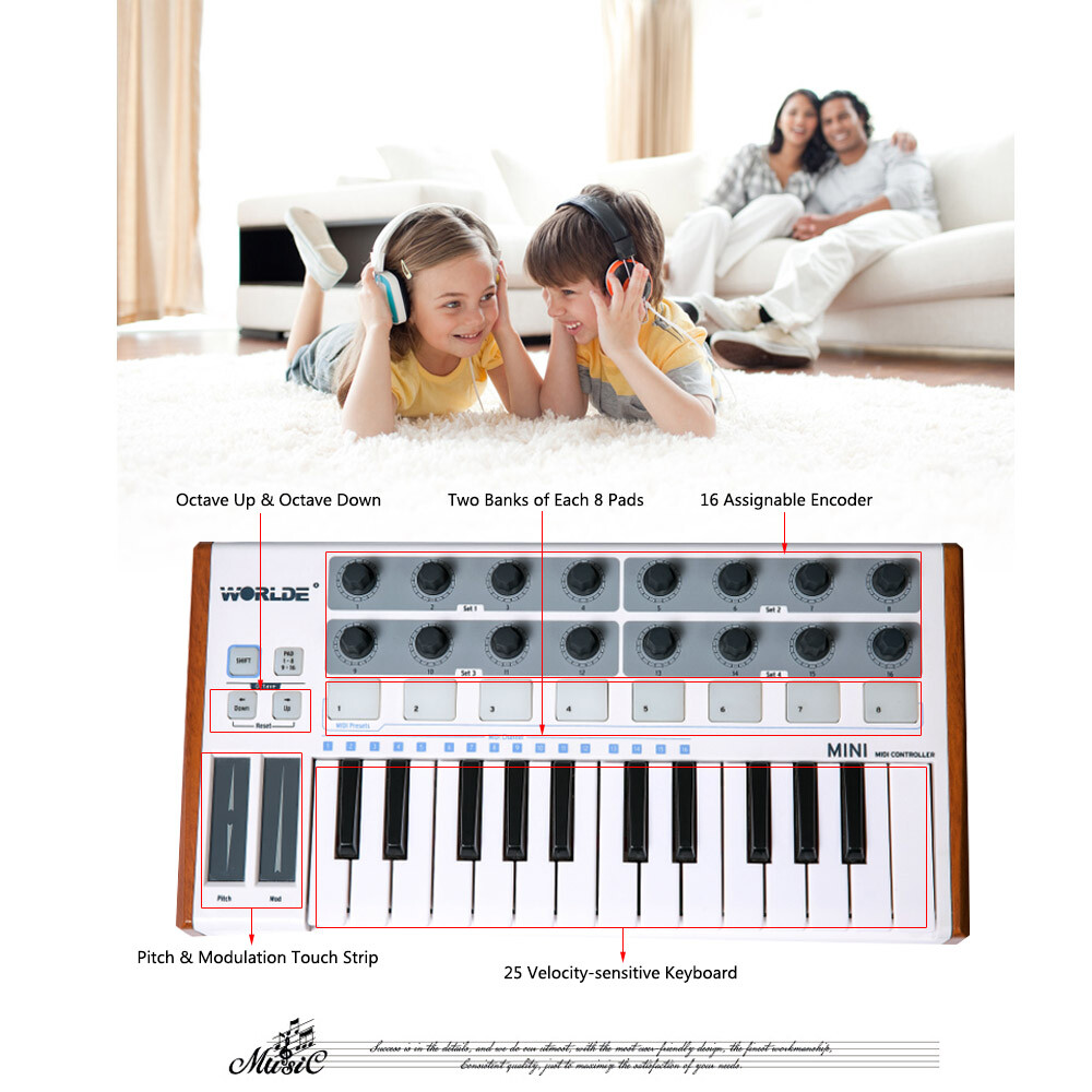 Worlde Keyboard Controller Mini 25-Key USB MIDI Drum Pad Instruments Electronic