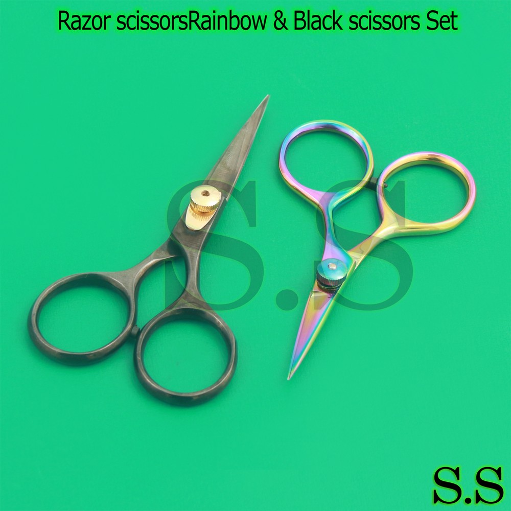 Razor scissors 5" set Rainbow & Black scissors super sharp blades fly,BTS-09