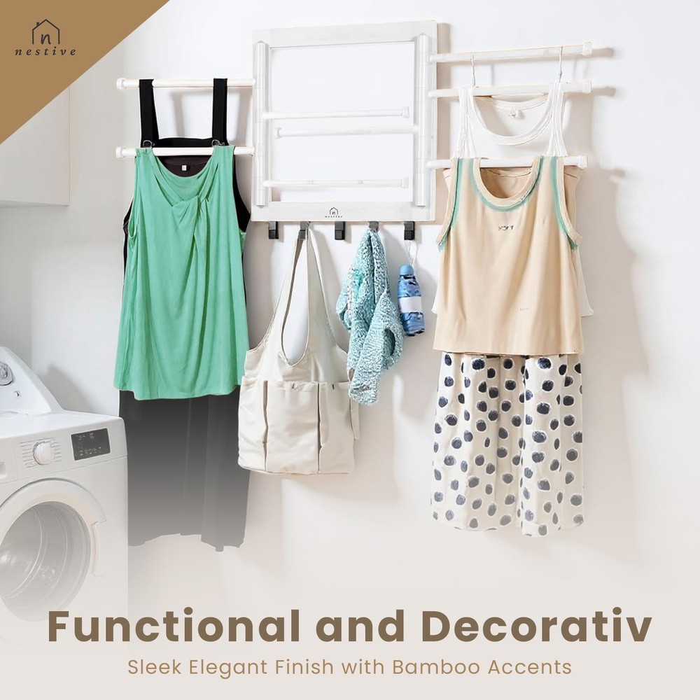 Bamboo Wall Mount Drying Rack for Laundry – Collapsible Foldable Clothes Drye...