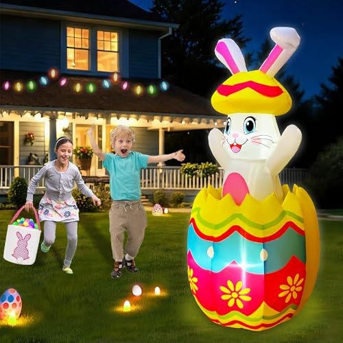 Pop Up and Down 5 FT Easter Inflatables Bunny Outdoor Decorations, Easter