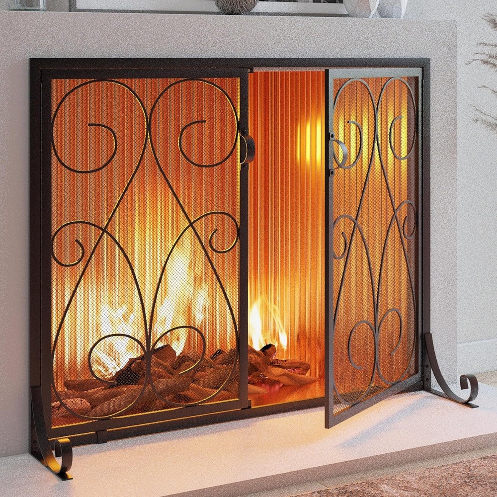 2 Panel Fireplace Screen with Doors Handcrafted Wrought Iron Decorative Mesh