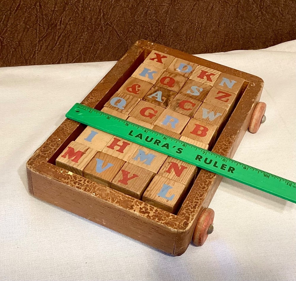 Antique Wood Pull Toy Alphabet Blocks Wagon