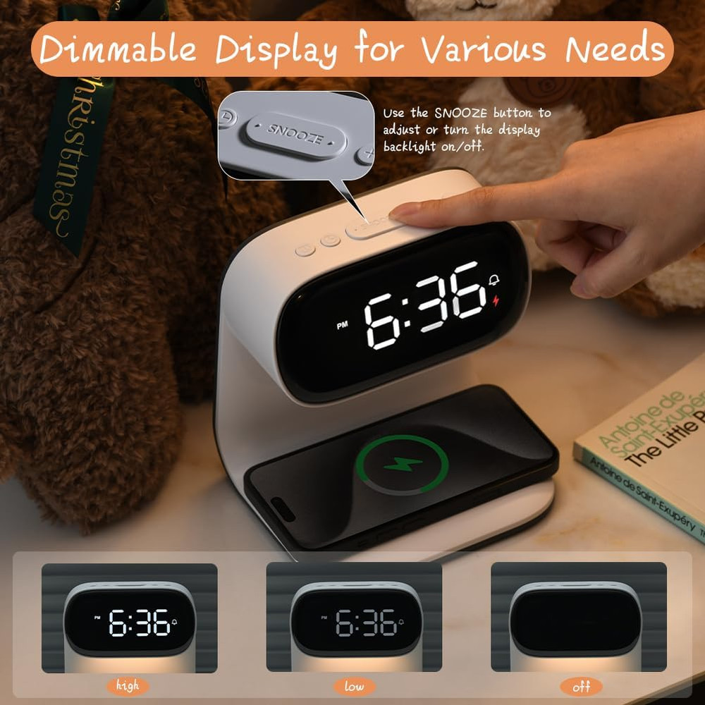 Alarm Clock with Wireless Charging,Dimmable Night Light,Snooze Function,10W Fast