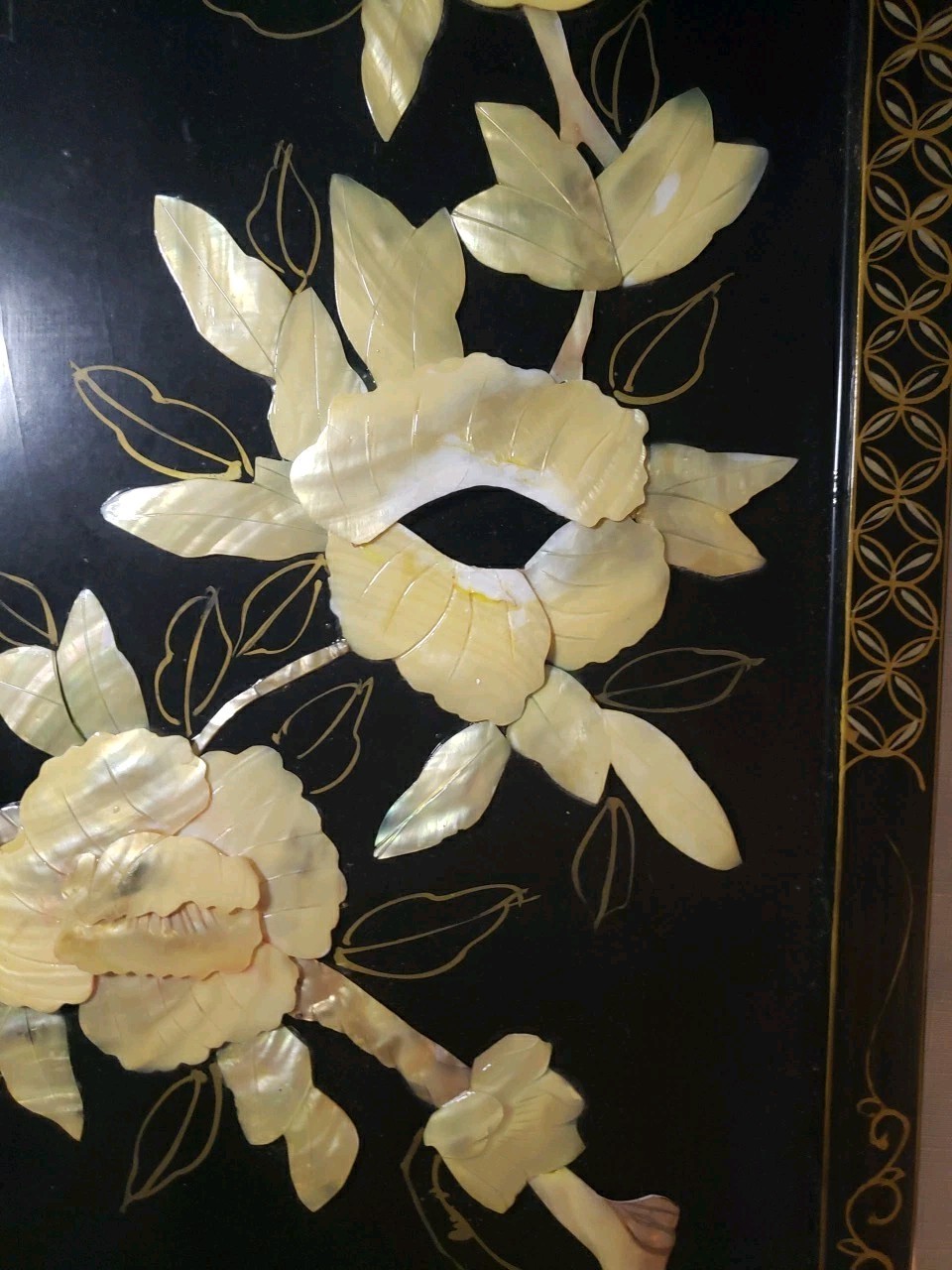 Vintage MCM 4-Panel Mother of Pearl/Black Lacquer Asian Art Wall Panels 36"x12"