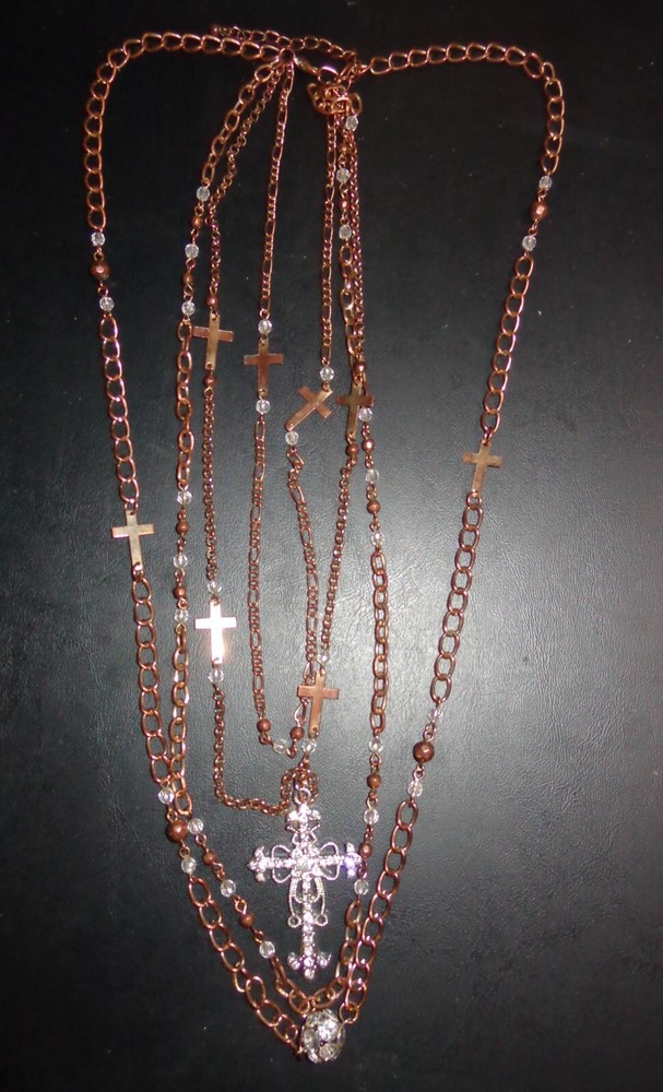 RELIGIOUS COPPER? MULTICHAIN CRYSTALS ORNATE CROSS PENDANT STATEMENT NECKLACE