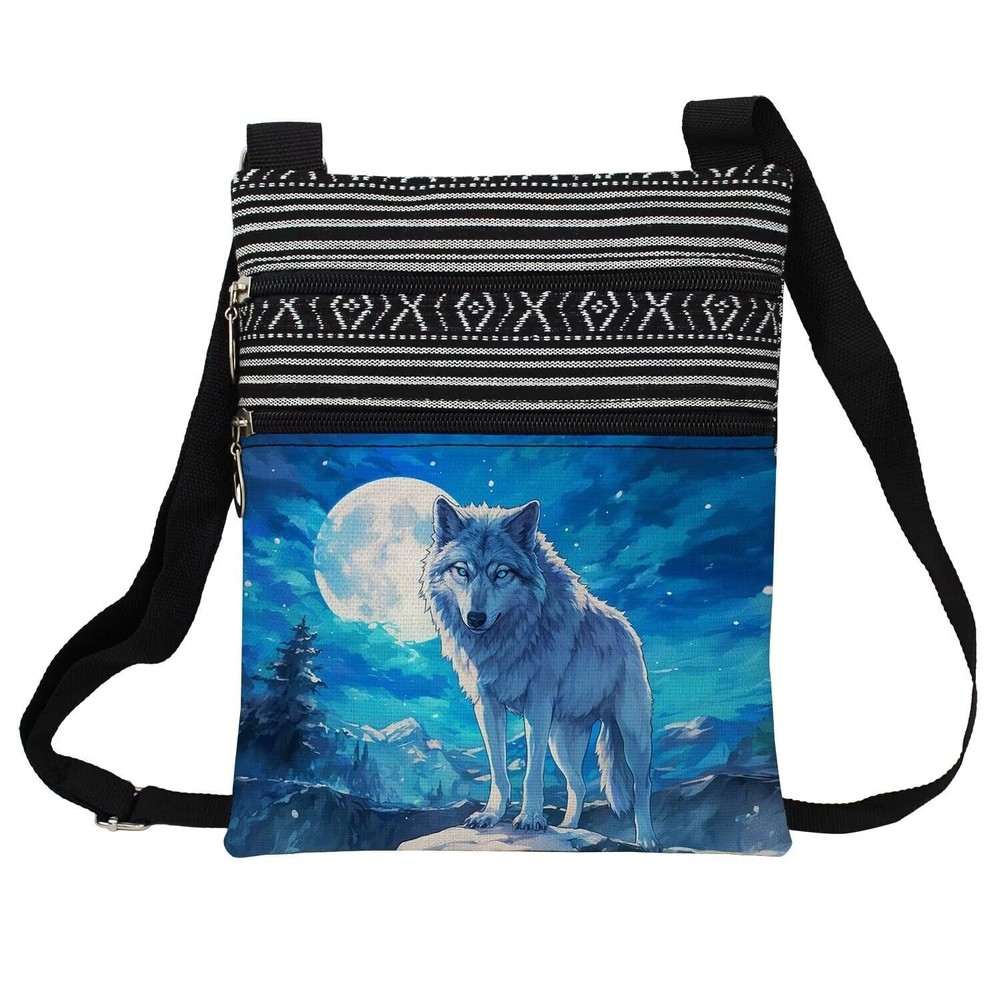 Moon Wolf Messenger Bag - Small Ethnic Pattern Printed Adjustable Strap Cross...